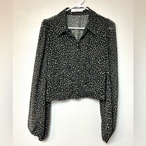 ASTR The Label Black Taupe Geo Print Ruched Long Sleeve Blouse Large Button Down